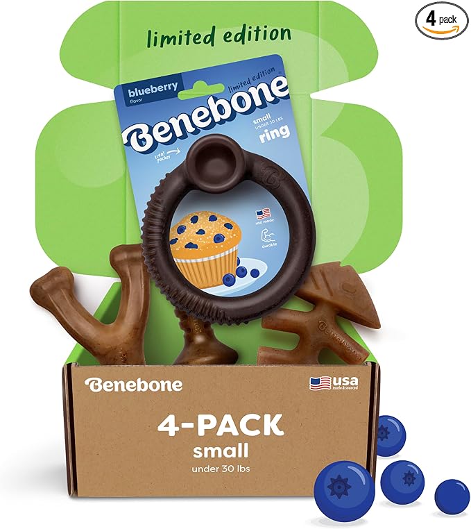 Benebone Limited Edition Blueberry Small 4-Pack Dog Toys for Aggressive Chewers, Durable Dog Bones, Made in USA, Dog Toys for Small Dogs Under 30 lbs