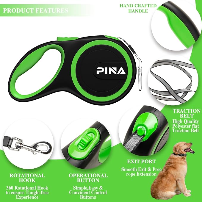PINA Retractable Dog Leash, 16ft Dog Leash for Small Medium Dogs Up to 44lbs, 360° Tangle-Free Strong Reflective Nylon Tape, with Anti-Slip Handle, One-Handed Brake, Lock - Black Green