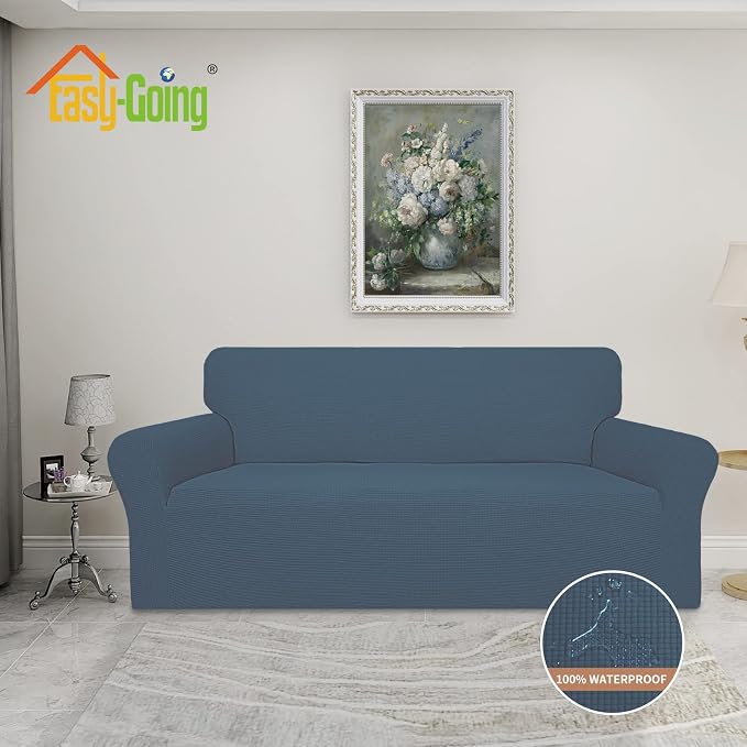 Easy-Going 100% Waterproof Couch Cover, Dual Waterproof Sofa Cover, Stretch Jacquard Sofa Slipcover, Leakproof Furniture Protector for Kids, Pets, Dog and Cat (Oversized Sofa, Bluestone)