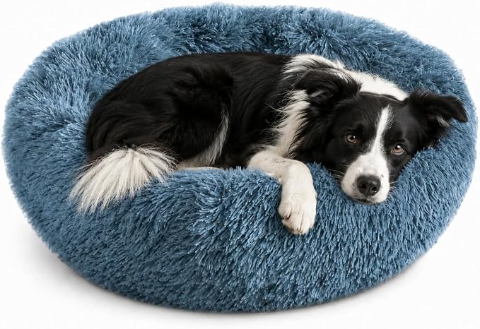 Whiskers & Friends Cat Beds for Indoor Cats, Fluffy Calming Donut Cat Bed, Small Dog Bed Washable - Orthopedic Soft Plush Pet Beds Sized for Kitten to Large Cats & Puppy to Medium Dogs, Navy Grey 31''