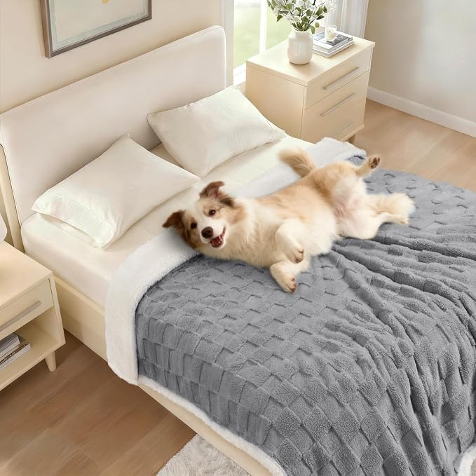 Luciphia Waterproof Dog Blanket, Leakproof Large Pet Blanket for Couch Sofa Bed Furniture Cover Protector, Washable Soft Sherpa Fleece with 3D Jacquard, Cozy Calming Reversible, Gray White, 65"x57"
