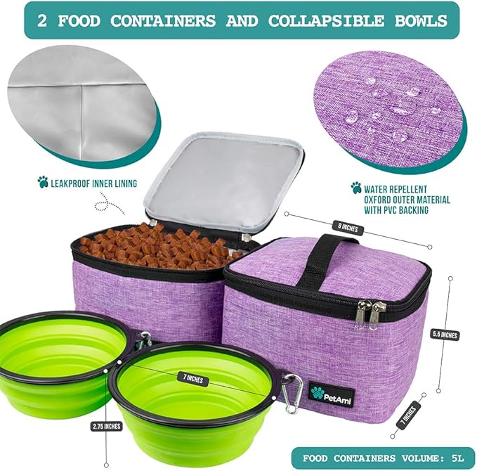 PetAmi Dog Travel Bag Organizer, Pet Travel Kit with 2 Food Containers & 2 Collapsible Dog Bowls, Pet Supplies Tote with Luggage Sleeve, Weekend Road Trip Camping Essentials, Purple, Large