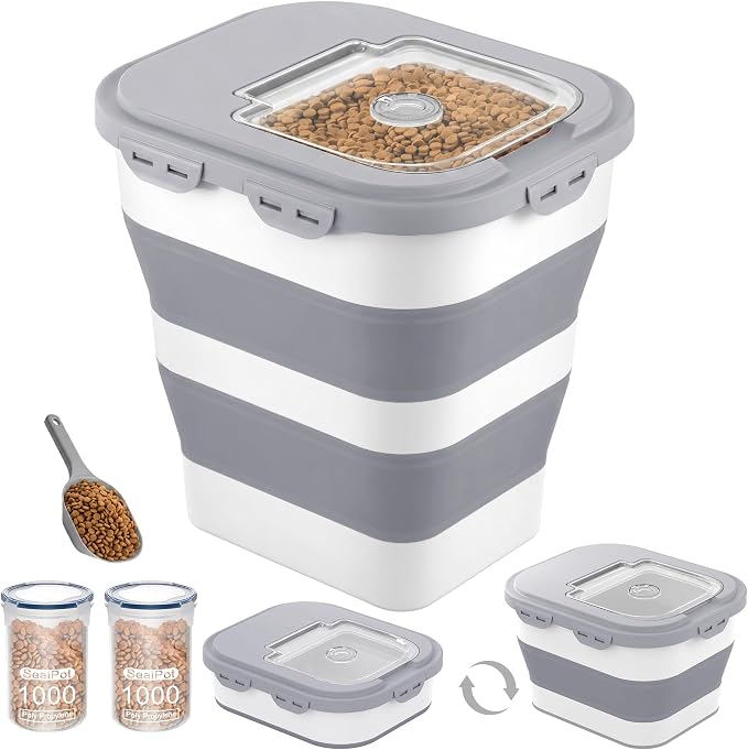 40 Lbs Dog Food Storage Container with Wheels, Collapsible Pet Food Storage Container with Clear Window, 2 Measuring Cups and Scoop, BPA Free Cat Food Container for Rice, Flour, Grain, Bird Seed