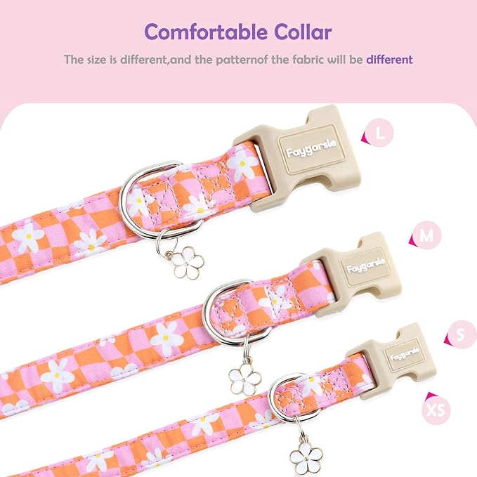 Faygarsle Floral Dog Collar, Pink and Orange Pattern with White Flowers, Spring Summer Design for Small Medium Large Dogs S