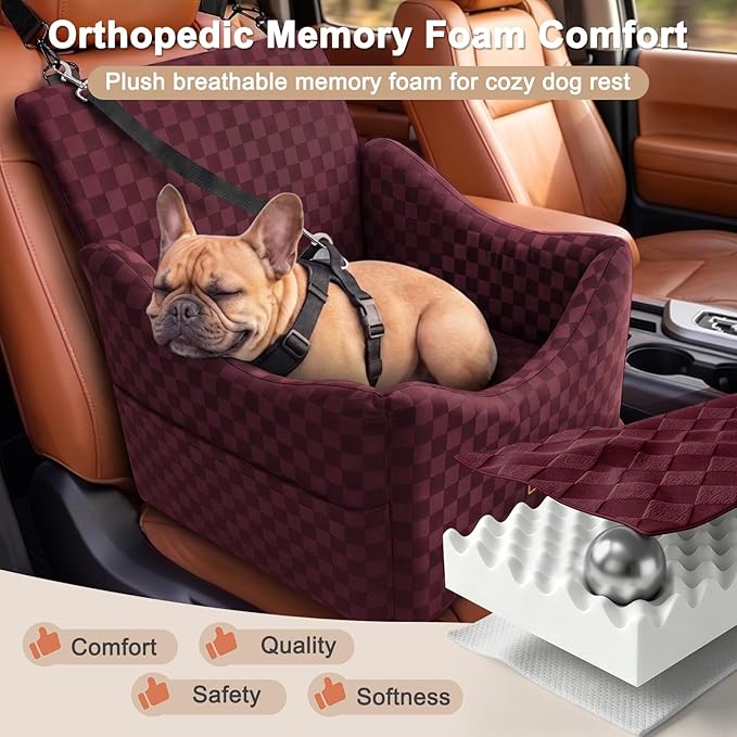 JOEJOY Elevated Dog Car Seat for Small/Medium Dogs up to 36 lbs, Memory Foam Booster Seat with Detachable Washable Cover, Travel-Safe Car Bed with Safety Belts & Storage Pockets, Red