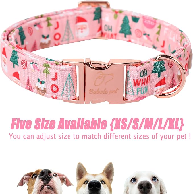 Christmas Dog Collar for Small Dogs - Adjustable Pink Christmas Collars for Dogs with Cute Santa&Tree Print, Heavy-Duty Winter Cotton Puppy Collar with Metal Buckle S