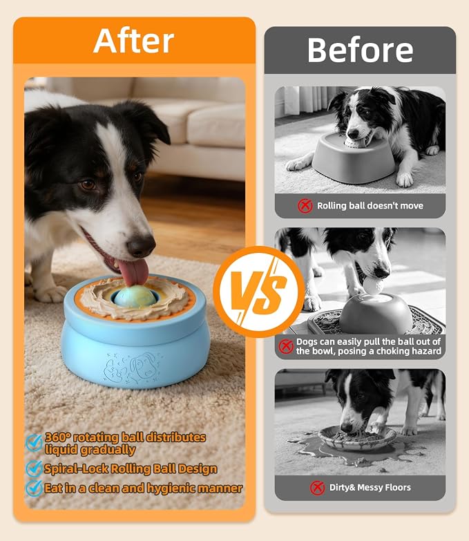 Slow Feeder Dog Bowl, 2-in-1 Interactive Dog Slow Feeder with 360° Rolling Ball for Yogurt, Wet Food & Liquid Treats, Spill-Resistant Anti-Slip Feeding Bowl for Dogs & Cats, Easy-Clean(Blue)