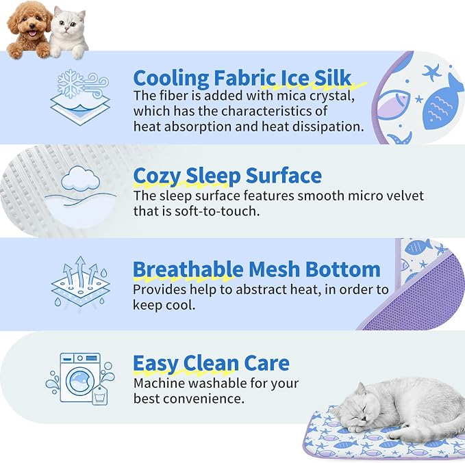 NWK Pet Cooling Mat -Q-Max>0.345 Ice Silk Cooling Mat for Dogs & Cats Portable & Washable Pet Cooling Blanket, Car Seats, Beds for Summer (Purple Fish, 20'' X 16'' X 0.3'')