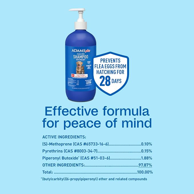 ADAMS Plus Flea & Tick Shampoo with Precor for Dogs, Cats, Puppies & Kittens, Flea Shampoo to Treat Infestations, Kills Ticks, Fleas, Flea Eggs & Lice, Cleans and Conditions Coat, 24 Ounces