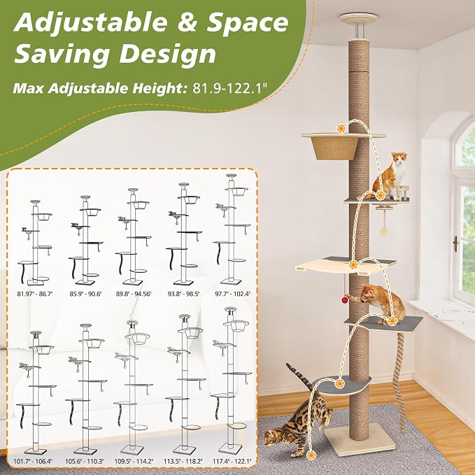 Cat Tree Floor to Ceiling, Adjustable Height 82-120 in, 6-Level Cat Tower with Hammock & Perch, Scratching Post, Stable & Solid Structure and Neutral Color Fit Home Decor