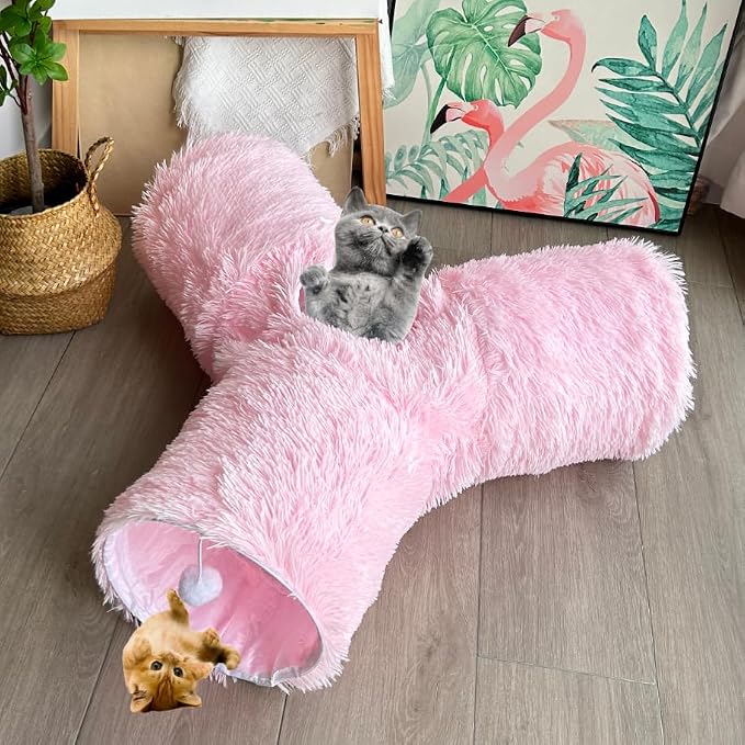3-Way Collapsible Cat Tunnel Tube Toy Pink Plush — Interactive Play Tunnel with Hanging Ball & Peek Hole for Indoor Cats, Kittens, Puppies & Rabbits | Hours of Fun & Exercise