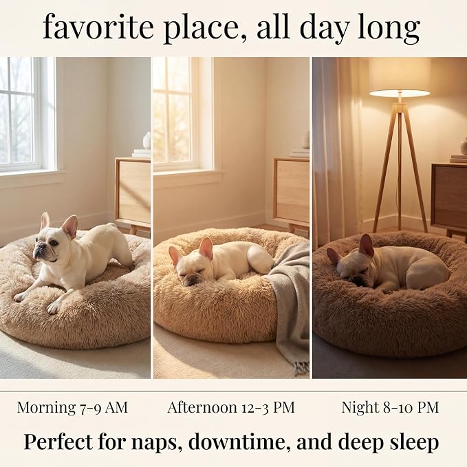 Calming Dog Bed for Medium Dogs Washable Donut 30 inches Anti-Slip Pet Bed,Round Fluffy Plush Faux Fur Cat Bed,Fits up to 45 lbs Pets,Camel