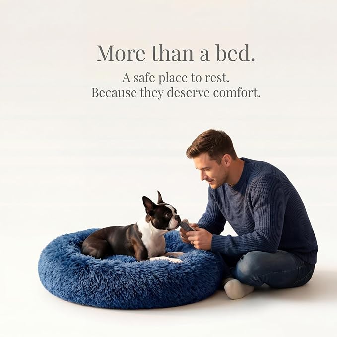 Calming Dog Bed for Medium Dogs Washable Donut 30 inches Anti-Slip Pet Bed,Round Fluffy Plush Faux Fur Cat Bed,Fits up to 45 lbs Pets,Navy Blue