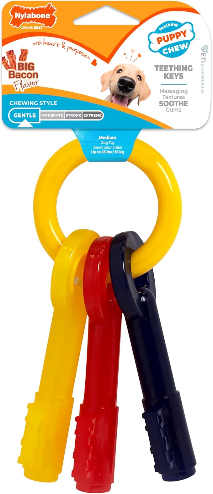 Nylabone Puppy Chew Key Ring Toy, Toys for Teething Puppies, Multi Color, Bacon Flavor, Medium - Up to 35 lbs, 1 Count