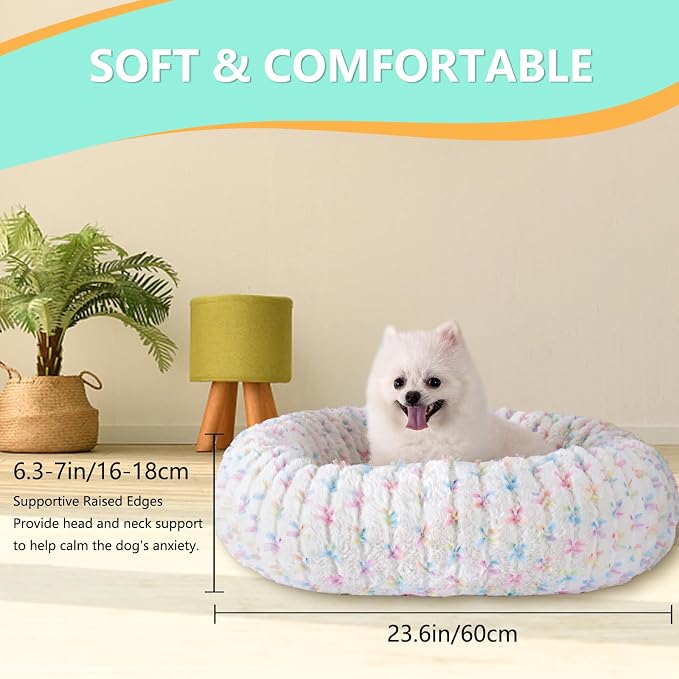 23 Inch Calming Dog Bed for Small Dogs Cats, Kitty Puppy Round Anti-Anxiety Warm Bed, Soft Cozy Anti-Slip Donut Washable Pet Bed, Fits up to 30 lbs Pets