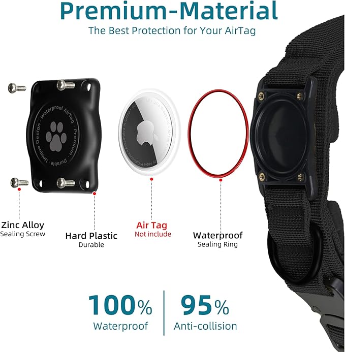 Tactical AirTag Dog Collar, 100% Waterproof Integrated Apple Air Tag Dog Collars with Hard PC AirTag Holder, Adjustable Military Collar with Handle, GPS Dog Collar for Medium Large Dogs(Black,L)