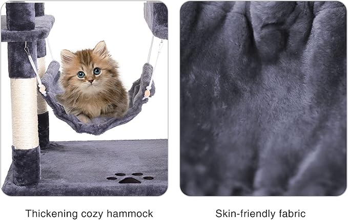 Hey-brother Large Multi-Level Cat Tree Condo Furniture with Sisal-Covered Scratching Posts, 2 Bigger Plush Condos, Perch Hammock for Kittens, Cats and Pets Smoky Gray MPJ020G