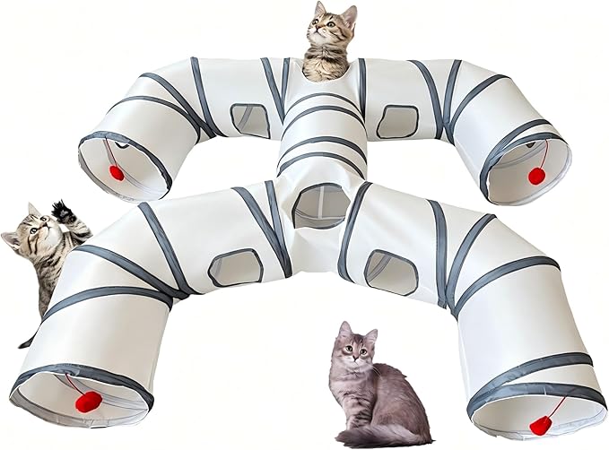 Foldable H-Shaped Cat Tunnel Toy with Interactive Playing Balls - 4 Exits for Cats, Kittens, Rabbits & Small Pets Collapsible Play Tube for Indoor Fun & Exercise