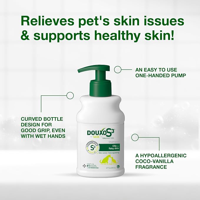 Douxo S3 SEB Dog Seboregulating Shampoo, Seborrhea Treatment for Dogs & Cats, Helps Control Dandruff, Unpleasant Odors & Oily/Flaky Skin, 0.5% Ophytrium, 6.7 fl oz