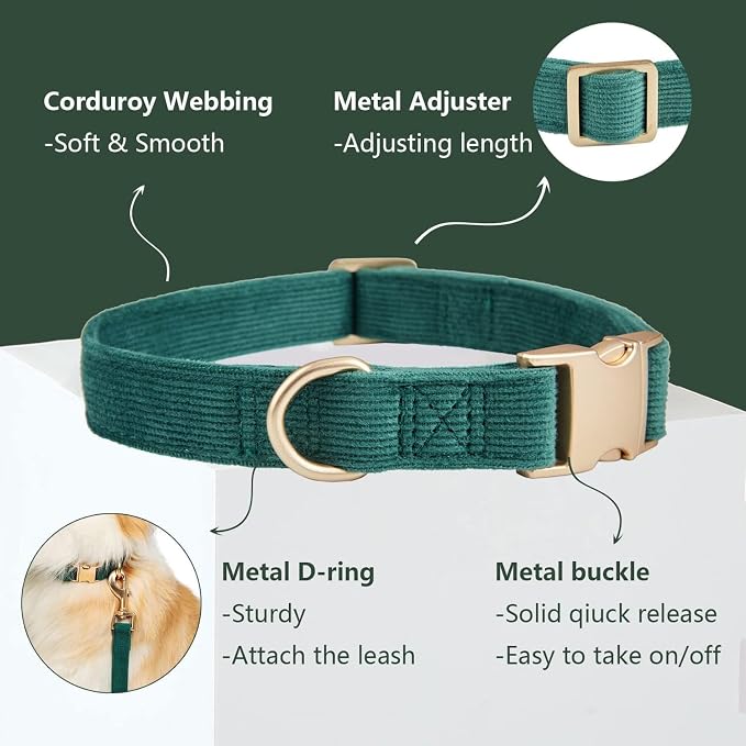 Soft Corduroy Dog Collar and Leash Set Adjustable Durable Dog Collars with Metal Buckle and Lead for Large Dogs,Dark Green