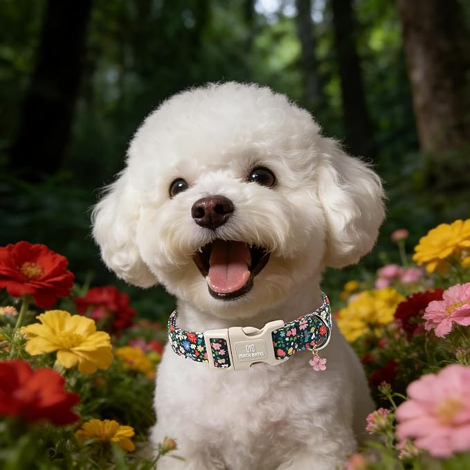 Maca Bates Spring Flower Basic Dog Collar with Blossom Charm for Large Girl Boy Dogs, Dark Green Floral Pattern,Pretty Adjustable Durable Soft Flowers Collars Gift for Male Female Puppy