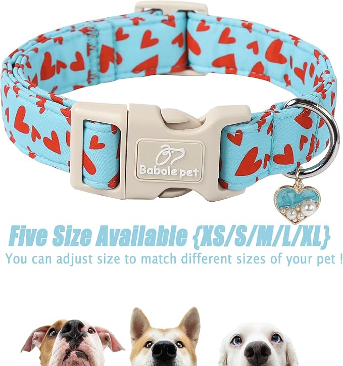 Valentines Dog Collar for Small Dogs - Cute Valentine Blue Dog Collars, Adjustable Puppy Red Hearts Collar with Quick Release Buckle for Girls&Boys Dogs XS