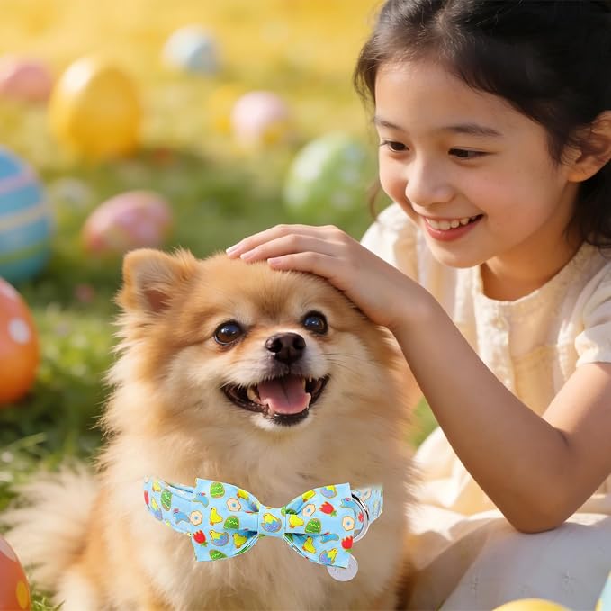 Easter Dog Collar with Bow Tie, Cotton Bunny Bowtie for Large Girl Boy Dog, Cute Rabbit Pet Collar with Metal Buckle, Gift, XS