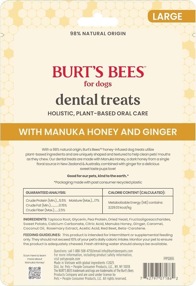BURT'S BEES FOR PETS Dental Treats for Dogs with Manuka Honey & Ginger, 98% Natural Origin, Holistic Oral Care, Freshens Breath, Sweet Potato Flavor, Medium/Large Size, 5 ct, 7.4 Oz