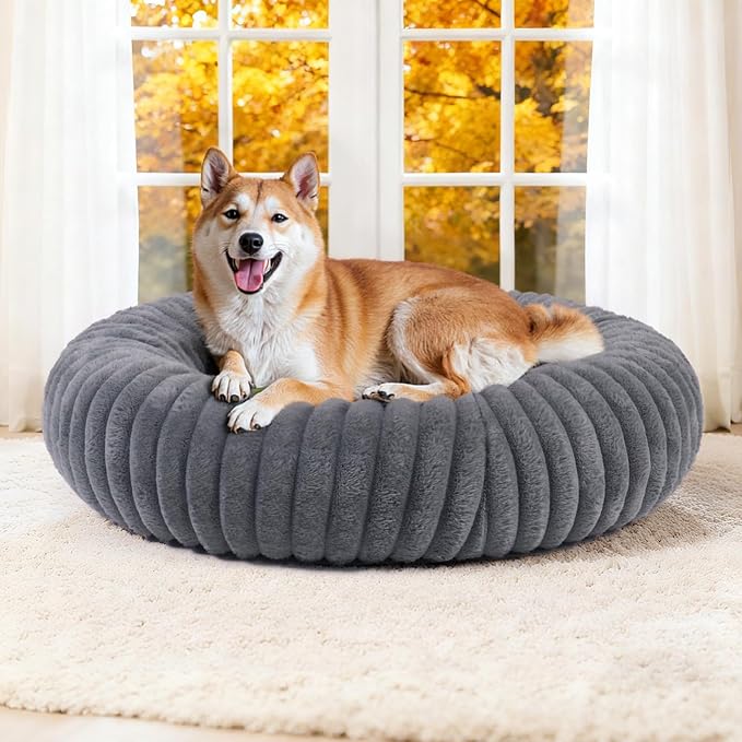 Calming Dog Bed Anti-Anxiety Donut Dog Beds for Small Medium Large Dogs,Washable Plush Fluffy Indoor Cat Kitten Round Cuddler Cushion (Deep Grey, Small)