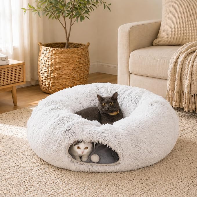 Warm Fluffy Plush Cat Dog Tunnel Bed Under Christmas Tree Big Tube Playground Toys 3 FT Diameter Longer Crinkle Collapsible 3 Way, for Indoor Cat Kitty Kitten Puppy Rabbit Ferret White