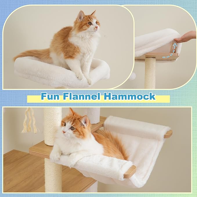 Hey-brother Wooden Cat Tree, 69.7 inch Cats Furniture Tower with Large Platforms, Hammocks, Spacious Condo, Full Sisal Scratching Posts, Ladder, Brush, Water Proof Surface, White Oak MPJ121BT