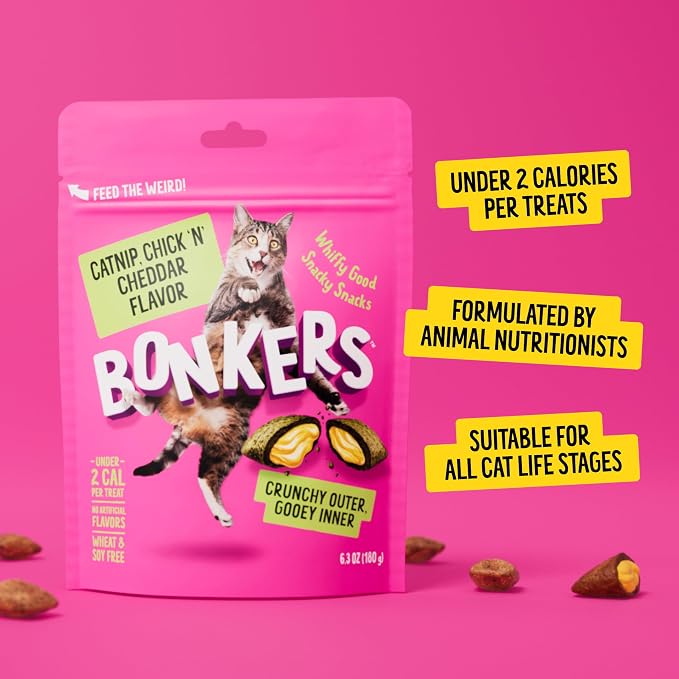 Bonkers Bites Catnip & Chick 'N' Cheddar Flavor Crunchy & Soft Treats for Cats, 30oz Tub