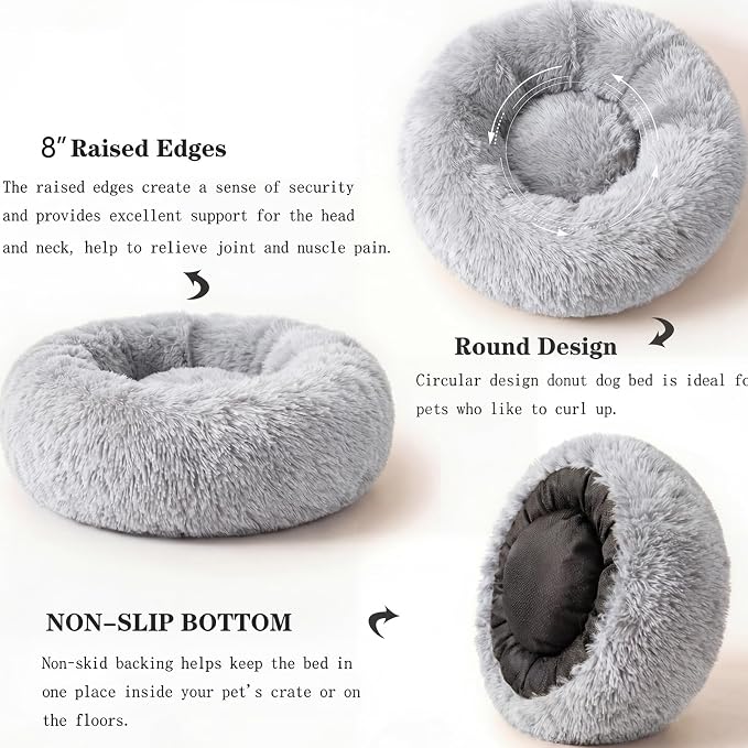 Calming Dog Bed for Medium Dogs Washable Donut 30 inches Anti-Slip Pet Bed,Round Fluffy Plush Faux Fur Cat Bed,Fits up to 45 lbs Pets,Grey