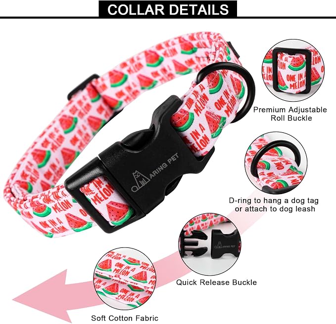 ARING PET Summer Dog Collar - Cute Watermelon Pattern for Small to Large Dogs, Adjustable Soft Cotton Girl Collars
