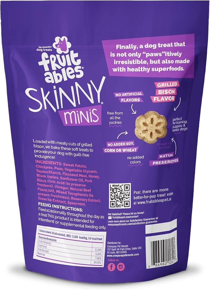 Fruitables Skinny Mini Dog Treats, Healthy Sweet Potato Treat for Dogs, Low Calorie & Delicious, Puppy Training, No Wheat, Corn or Soy, Made in the USA, Grilled Bison Flavor, 20oz