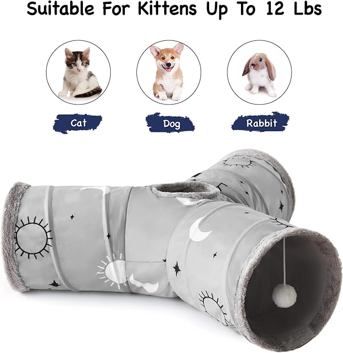 Tempcore Cat Tunnel for Indoor Cats, 3 Way Collapsible Pet Play Tunnel with Teaser Wand, Peek Holes & Hanging Ball, Interactive Tube for Kittens & Rabbits, Grey Sun
