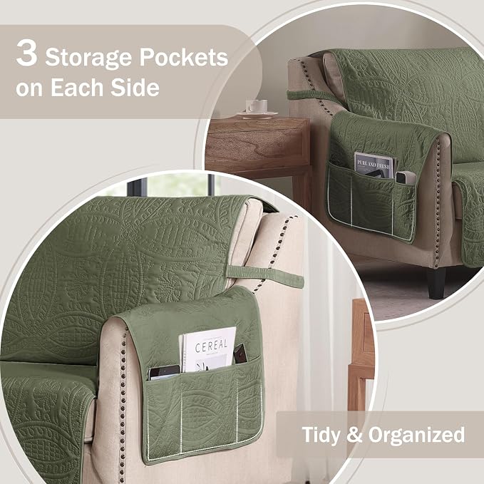 Green Quilted Recliner Covers, Water-Repellent Recliner Slipcovers, Recliner Covers Stay in Place, Pet Friendly Recliner Cover for Dogs, Washable Chair Protector (Recliner 22", Olive Green)