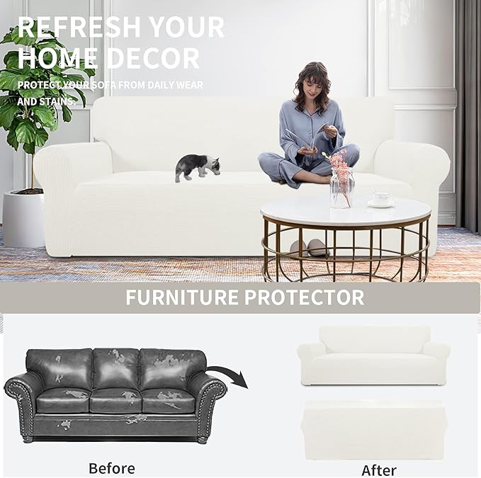 Easy-Going Stretch Loveseat Slipcover 1-Piece Sofa Cover Furniture Protector Couch Soft with Elastic Bottom for Kids Polyester Spandex Jacquard Fabric Small Checks (Loveseat, Cream)