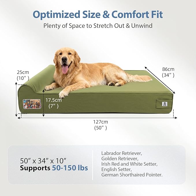 Sytopia 7" Thick Orthopedic Dog Beds for Extra Large Dogs, 35D Memory Foam Durable Canvas Pet Bed with Chew Proof Fabric Cover, Up to 150 Pounds, Waterproof Liner & Washable Cover Design, Green