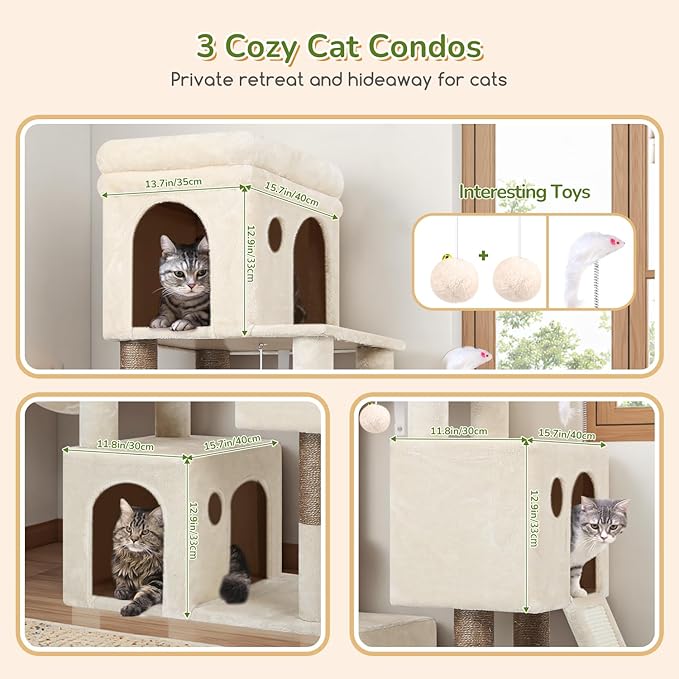 Globlazer Heavy Duty Cat Tree for Indoor Cats Large Adult, F52B, Beige | 3 Condos, Extra-Large Baseboard, Removable Top Perch, 4 Sisal Posts & Board, Hanging Basket, Anti-Topple Strap, Easy Setup