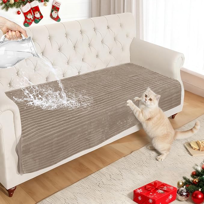 NAISI Couch Covers for Dogs Waterproof Flannel Striped Sofa Cover Pet Friendly Washable Dog Mat for Couch Anti Slip Sectional Sofa Slipcover Protector(1pc/35"x 63",Khaki)