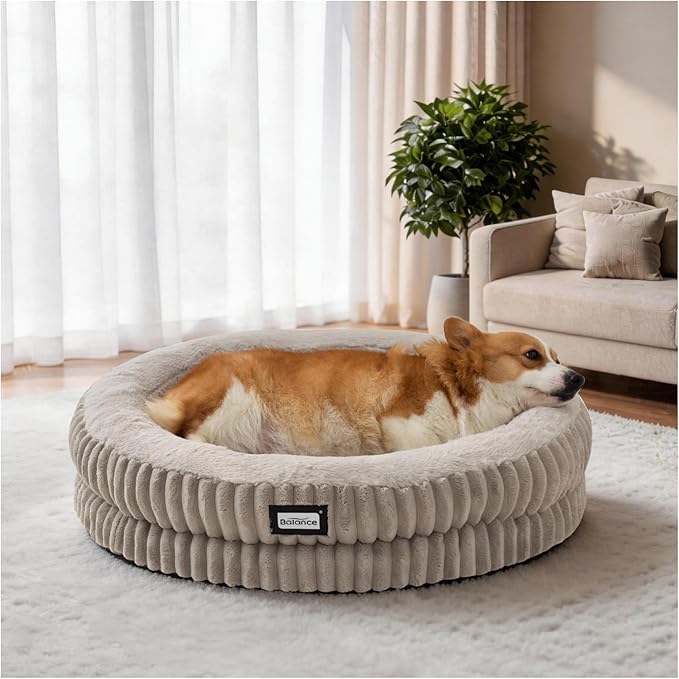 BALANCE Donut Dog Bed, 30 Inches Round Dog Bed Medium Size Dogs Washable, Orthopedic Calming Dogs Beds for Pets, Fluffy Plush Faux Fur Pet Bed with Anti-Slip Bottom