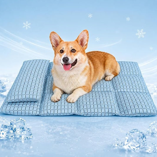 GOLOPET Medium Dog Cooling Mat with Pillow, 28x18in | Polymer Ice Silk Fabric,Upgrade The Heat Dissipation Structure,Soft PP Cotton Filling Material