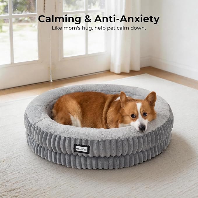 BALANCE Donut Dog Bed, 30 Inches Round Dog Bed Medium Size Dogs Washable, Orthopedic Calming Dogs Beds for Pets, Fluffy Plush Faux Fur Pet Bed with Anti-Slip Bottom