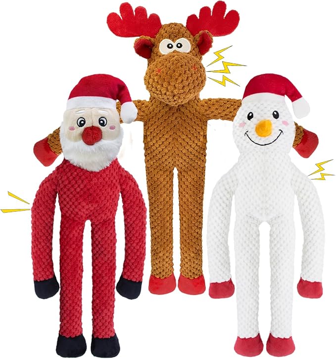 Christmas Dog Toys Squeaky 3-Pack Crinkle Sound Paper Tail | Interactive Puppy Teething Chew Toy Deer snowman santa Claus Shape no Stuffing,Keep Them Busy, Large Medium Small Breeds