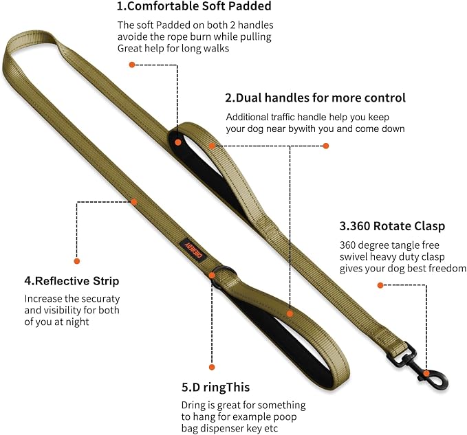 Heavy Duty Dog Leash, Leashes for Large Breed Dogs, Double Handle Dog Leash, Reflective Training Lead, Perfect for Medium to Large Dogs(5FT,Deep Green)