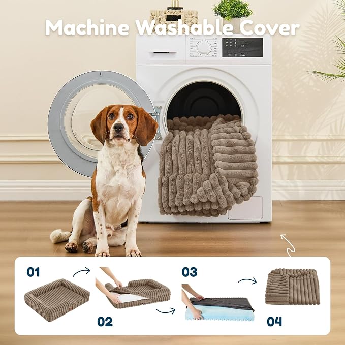 Orthopedic Dog Bed for Large Dogs, Washable Dog Bed with Faux Rabbit Fur Waterproof Cover, High Density Egg Crate Foam Support with 3-Sided Bolsters for Senior Dogs, Non-Skid Bottom,35x28x7, Taupe