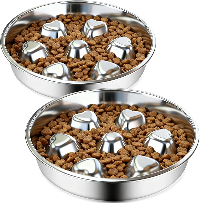 2 Pack Stainless Steel Slow Feeder Dog Bowls, Non-Slip Metal Pet Bowls for Fast Eaters, Anti-Gulping Bloat Prevention Dog Food Bowls, Easy to Clean for Small Breeds