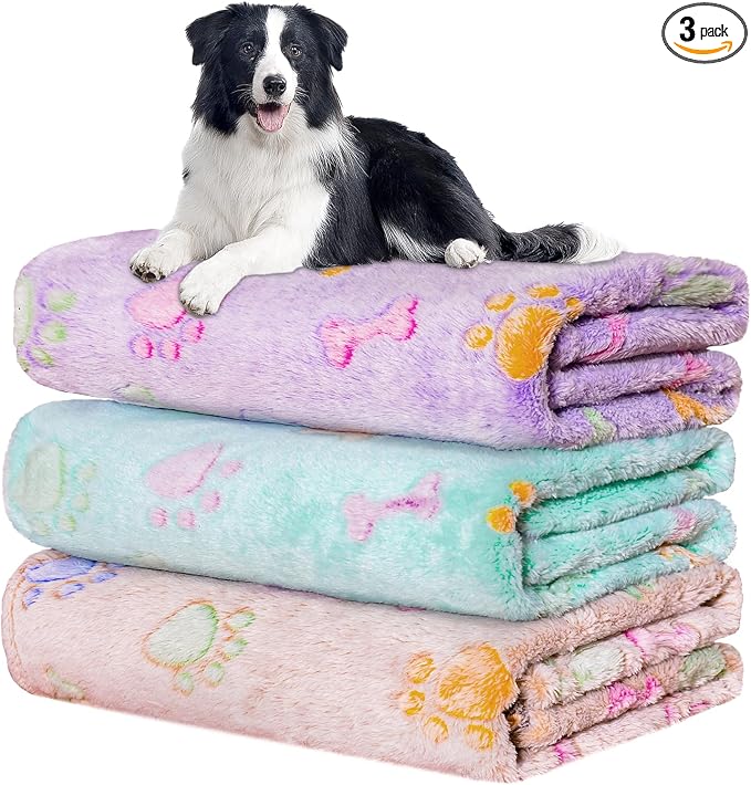 Rezutan Dog Blankets Throw 3 Pack for Large Medium Pet Cat Soft Fuzzy Blankets Washable,Reversible Paw Print for Dog Kennels-Beds, Sofas, Furniture Protection,41 x 31 inch, Purple/Green/Brown