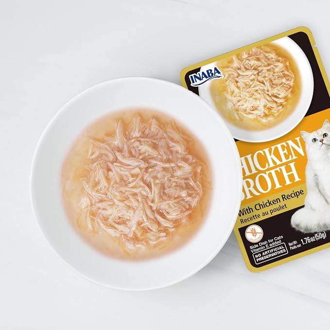 INABA Chicken Broth, Side Dish/Topper for Cats with Vitamin E, 1.76 Ounce Pouch, 8 Pouches Total, Chicken and Tuna Recipe